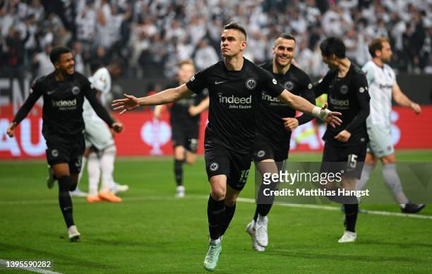 Rafael Santos Borre of Eintracht Frankfurt celebrates after scoring their sides first goal during the UEFA Europa League Semi Final Leg Two match...