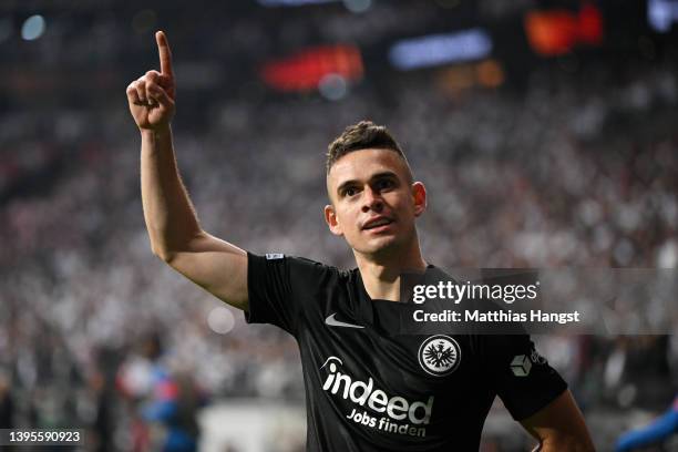 Rafael Santos Borre of Eintracht Frankfurt celebrates after scoring their sides first goal during the UEFA Europa League Semi Final Leg Two match...