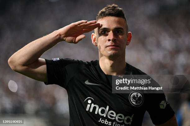 Rafael Santos Borre of Eintracht Frankfurt celebrates after scoring their sides first goal during the UEFA Europa League Semi Final Leg Two match...