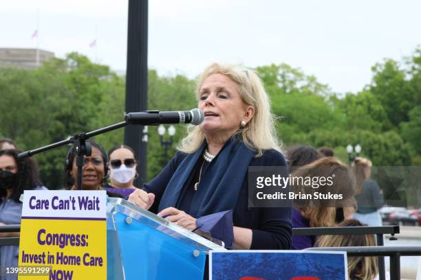 Rep. Debbie Dingell speaks during Home Care Workers Urge Congress To Finish The Job, Protect Medicaid, and Invest in Care rally at Union Square on...