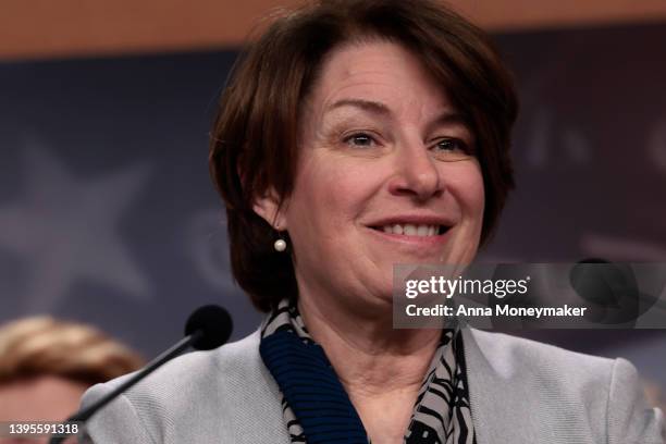 Sen. Amy Klobuchar speaks at a press conference on the Senate’s upcoming procedural vote to codify Roe v. Wade at the U.S. Capitol Building on May...