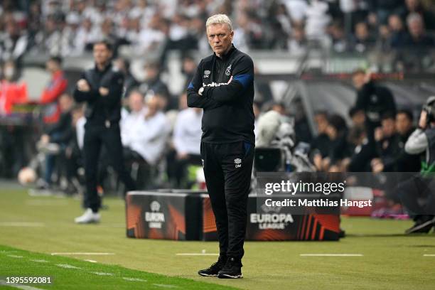 David Moyes, Manager of West Ham United looks on during the UEFA Europa League Semi Final Leg Two match between Eintracht Frankfurt and West Ham...