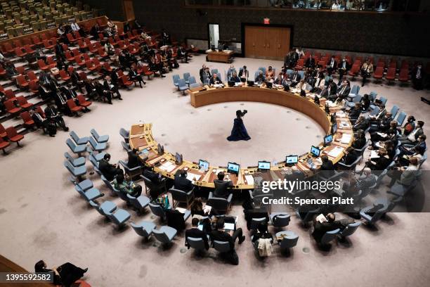 Members of the United Nations , Security Council attend a meeting about the ongoing situation in Ukraine on May 05, 2022 in New York City. António...