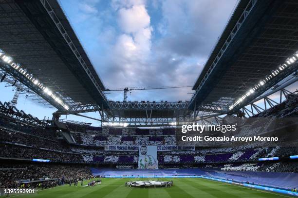 General view inside the stadium as the UEFA Champions League logo is seen on the pitch prior to the UEFA Champions League Semi Final Leg Two match...