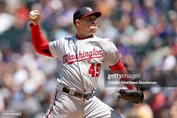 Starting pitcher Aaron Sanchez of the Washington Nationals throws against the Colorado Rockies in the first inning at Coors Field on May 05, 2022 in...