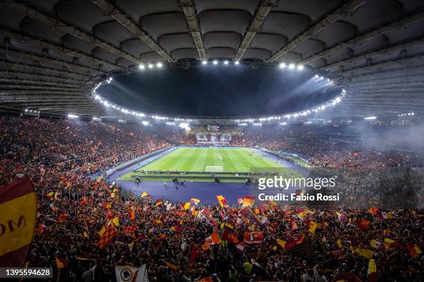 Roma fans during the UEFA Conference League Semi Final Leg Two match between AS Roma and Leicester City at Stadio Olimpico on May 05, 2022 in Rome,...