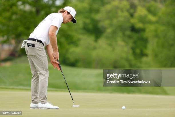 Drew Nesbitt of Canada putts on the seventh green during the first round of the Wells Fargo Championship at TPC Potomac Clubhouse on May 05, 2022 in...