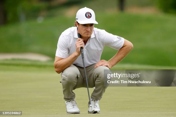 Drew Nesbitt of Canada lines up his putt on the seventh green during the first round of the Wells Fargo Championship at TPC Potomac Clubhouse on May...