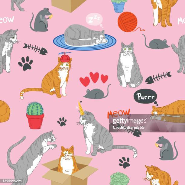 cute doodle cats seamless repeating pattern - cat skeleton stock illustrations