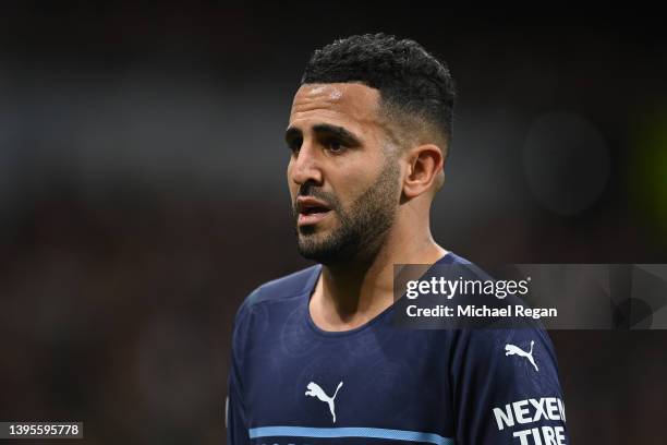 Riyad Mahrez of Manchester City looks on during the UEFA Champions League Semi Final Leg Two match between Real Madrid and Manchester City at Estadio...