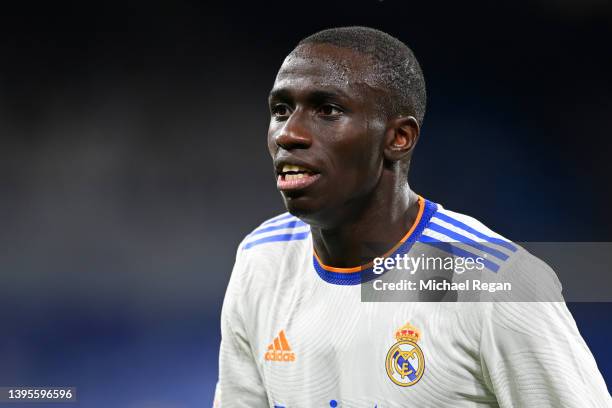 Ferland Mendy of Real Madrid looks on during the UEFA Champions League Semi Final Leg Two match between Real Madrid and Manchester City at Estadio...