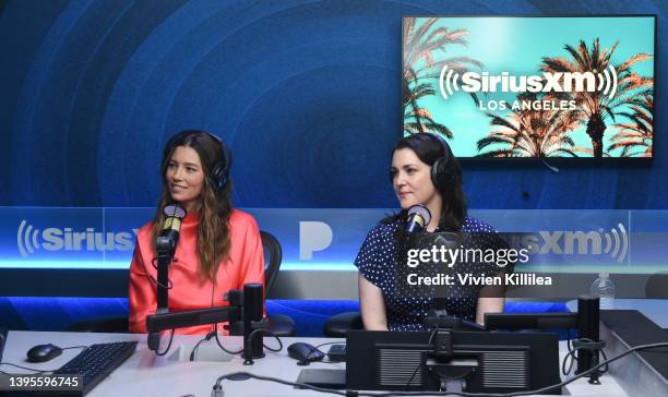 Jessica Biel and Melanie Lynskey visit the SiriusXM Studios on May 05, 2022 in Los Angeles, California.