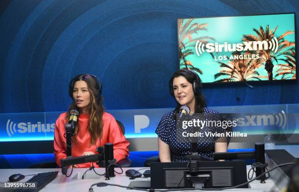 Jessica Biel and Melanie Lynskey visit the SiriusXM Studios on May 05, 2022 in Los Angeles, California.