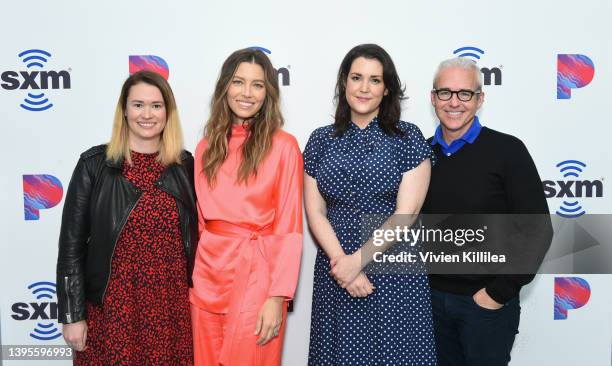 SiriusXM host Julia Cunningham, Jessica Biel, Melanie Lynskey and SiriusXM host Jess Cagle visit the SiriusXM Studios on May 05, 2022 in Los Angeles,...