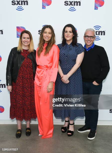 SiriusXM host Julia Cunningham, Jessica Biel, Melanie Lynskey and SiriusXM host Jess Cagle visit the SiriusXM Studios on May 05, 2022 in Los Angeles,...