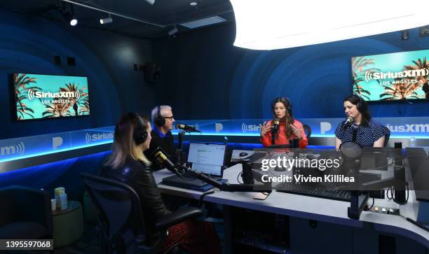 SiriusXM hosts Julia Cunningham and Jess Cagle interview Jessica Biel and Melanie Lynskey at the SiriusXM Studios on May 05, 2022 in Los Angeles,...