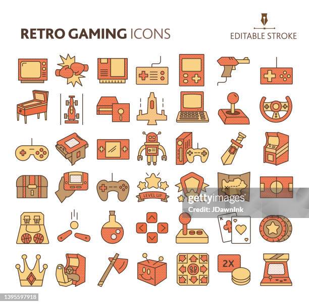 retro arcade gaming, consoles, arcade cabinet, weapons, joystick, pinball, controllers, treasures colorful thin line icon set - editable stroke - video game controller on table stock illustrations