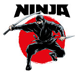Ninja warrior attacks isolated, comic book style vector illustration.