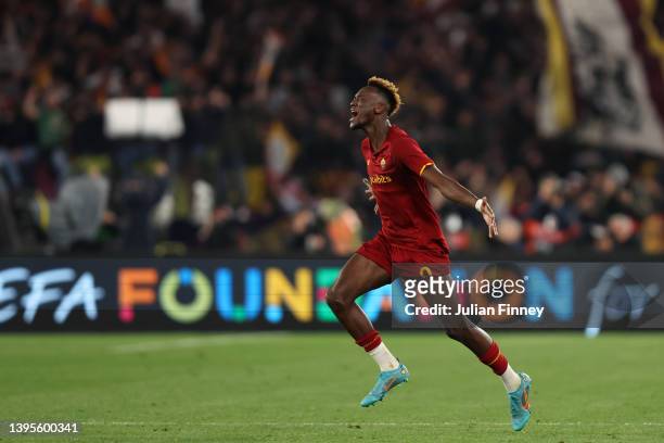 Tammy Abraham of AS Roma celebrates their sides victory after the UEFA Conference League Semi Final Leg Two match between AS Roma and Leicester City...