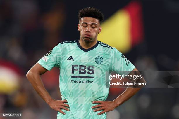 James Justin of Leicester City looks dejected following their sides defeat in the UEFA Conference League Semi Final Leg Two match between AS Roma and...