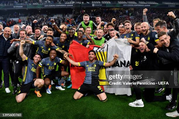 Feyenoord players celebrate after victory in the UEFA Conference League Semi Final Leg Two match between Olympique Marseille and Feyenoord at Stade...