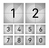 Countdown frames. Retro cinema numbers, abstract film count. Vintage classic tv movie animation. Old grey motion timer, counter exact vector set
