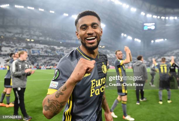 Reiss Nelson of Feyenoord celebrates after victory in the UEFA Conference League Semi Final Leg Two match between Olympique Marseille and Feyenoord...