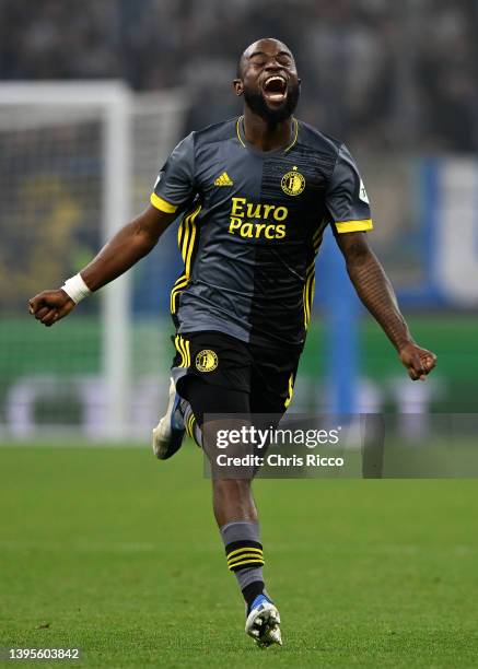 Lutsharel Geertruida of Feyenoord celebrates their sides victory in the UEFA Conference League Semi Final Leg Two match between Olympique Marseille...