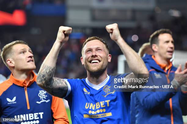 Scott Arfield of Rangers celebrates their sides victory in the UEFA Europa League Semi Final Leg Two match between Rangers and RB Leipzig at Ibrox...