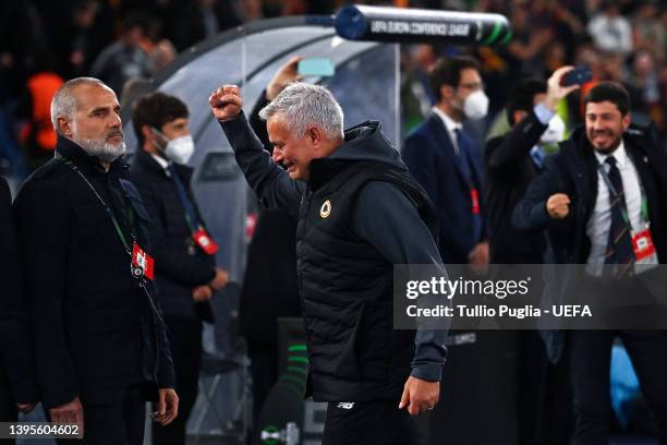 Jose Mourinho, Head Coach of AS Roma celebrates after victory in the UEFA Conference League Semi Final Leg Two match between AS Roma and Leicester...