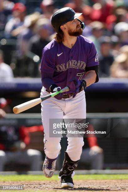 Brendan Rodgers of the Colorado Rockies hits a three RBI home run against the Washington Nationals in the fifth inning at Coors Field on May 05, 2022...