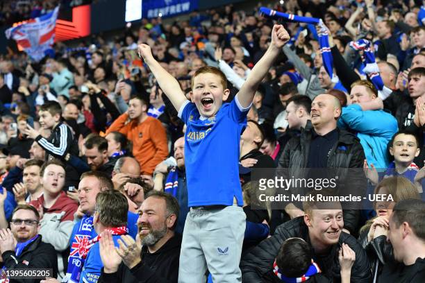 Rangers fans celebrate after victory in the UEFA Europa League Semi Final Leg Two match between Rangers and RB Leipzig at Ibrox Stadium on May 05,...