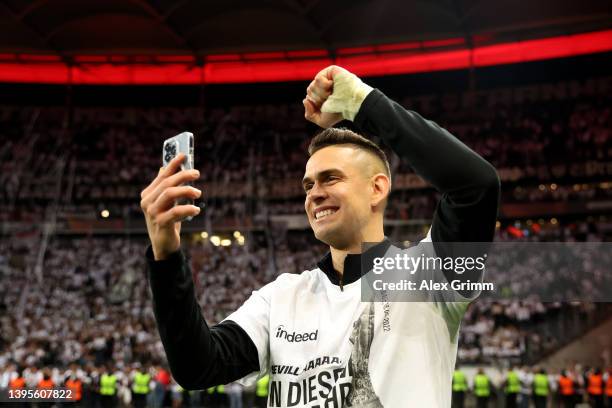 Rafael Santos Borre of Eintracht Frankfurt celebrates their sides victory in the UEFA Europa League Semi Final Leg Two match between Eintracht...