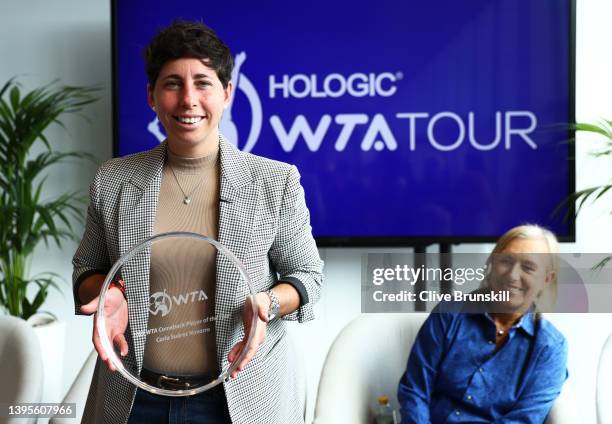 Carla Suarez Navarro of Spain with her 2021 WTA Comeback Player of the Year Award during day seven of the Mutua Madrid Open at La Caja Magica on May...