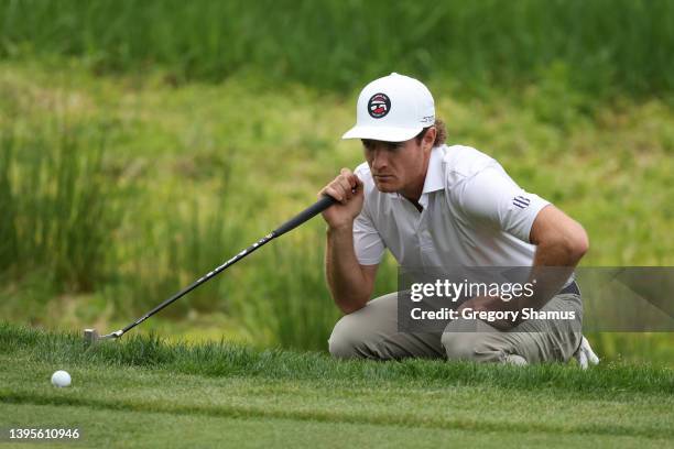 Drew Nesbitt of Canada lines up a putt on the tenth green during the first round of the Wells Fargo Championship at TPC Potomac Clubhouse on May 05,...