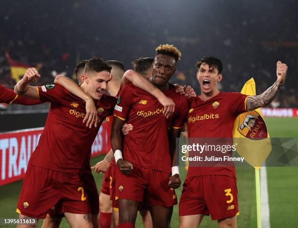 Tammy Abraham of AS Roma celebrates with team mate Borja Mayoral after scoring their sides first goal during the UEFA Conference League Semi Final...