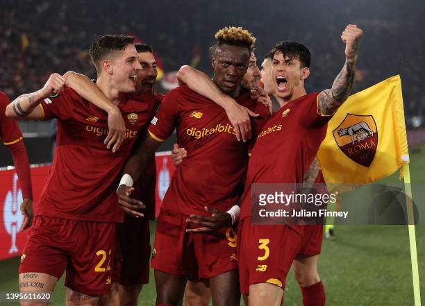 Tammy Abraham of AS Roma celebrates with team mate Borja Mayoral after scoring their sides first goal during the UEFA Conference League Semi Final...