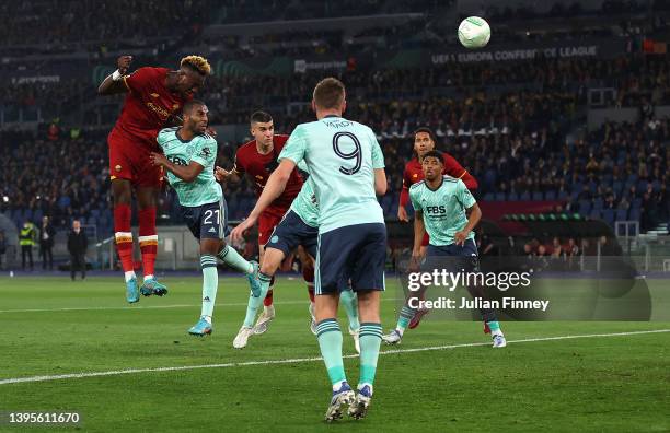 Tammy Abraham of AS Roma heads in a goal to make it 1-0 during the UEFA Conference League Semi Final Leg Two match between AS Roma and Leicester City...