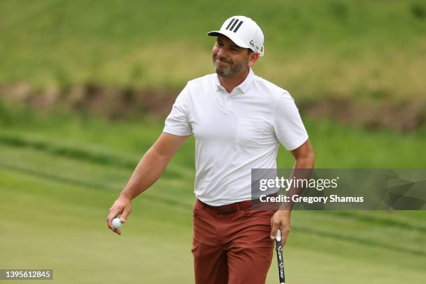 Sergio Garcia of Spain reacts on the tenth green during the first round of the Wells Fargo Championship at TPC Potomac Clubhouse on May 05, 2022 in...