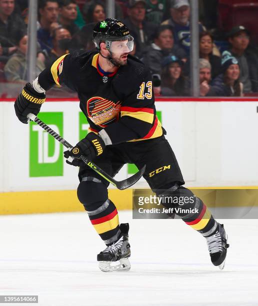 Brad Richardson of the Vancouver Canucks skates up ice during their NHL game against the Seattle Kraken at Rogers Arena April 26, 2022 in Vancouver,...