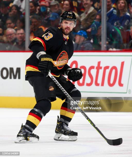 Brad Richardson of the Vancouver Canucks skates up ice during their NHL game against the Seattle Kraken at Rogers Arena April 26, 2022 in Vancouver,...