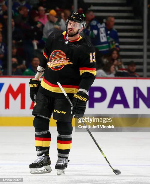 Brad Richardson of the Vancouver Canucks skates up ice during their NHL game against the Seattle Kraken at Rogers Arena April 26, 2022 in Vancouver,...