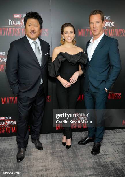 Benedict Wong, Elizabeth Olsen, and Benedict Cumberbatch attend Marvel's "Doctor Strange In The Multiverse Of Madness" New York Screening at The...