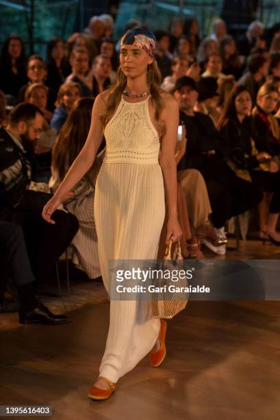 Model walks the runway at the Es Fascinante 'Raíces' fashion show during San Sebastian Moda Festival Spring-Summer 2022 at the Balenciaga Museum on...
