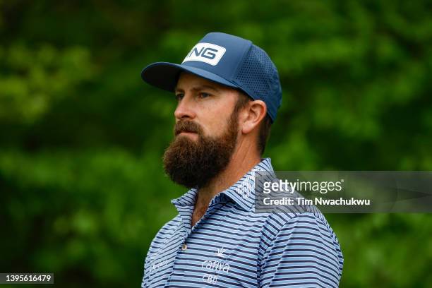 Michael Thompson of the United States looks on during the first round of the Wells Fargo Championship at TPC Potomac Clubhouse on May 05, 2022 in...