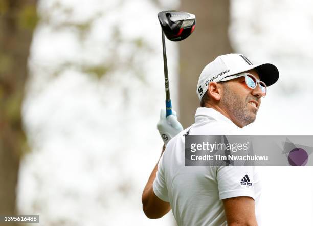 Sergio Garcia of Spain plays his shot from the eighth tee during the first round of the Wells Fargo Championship at TPC Potomac Clubhouse on May 05,...