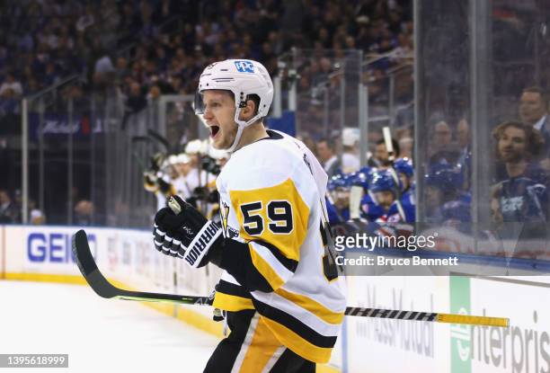 Jake Guentzel of the Pittsburgh Penguins celebrates his first period goal against the New York Rangers in Game Two of the First Round of the 2022...