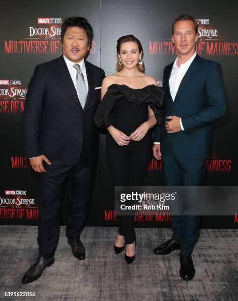 Benedict Wong, Elizabeth Olsen and Benedict Cumberbatch attend Marvel's "Doctor Strange In The Multiverse Of Madness" New York Screening at The...