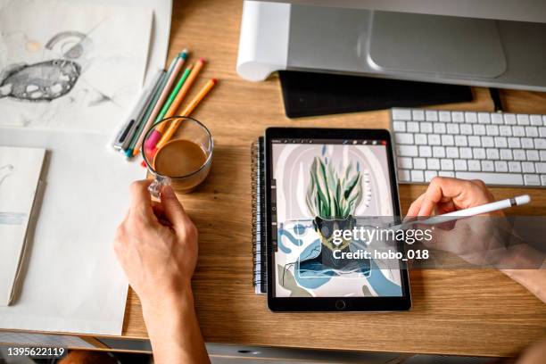 creative graphic designer using digital tablet and computer - illustrator imagens e fotografias de stock