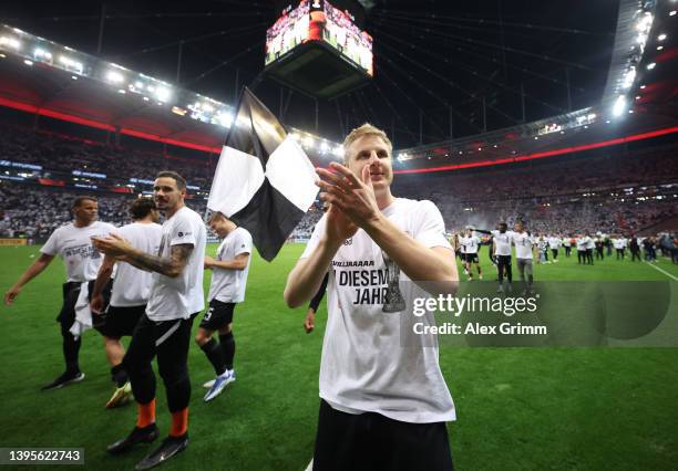 Martin Hinteregger of Eintracht Frankfurt celebrates their sides victory in the UEFA Europa League Semi Final Leg Two match between Eintracht...